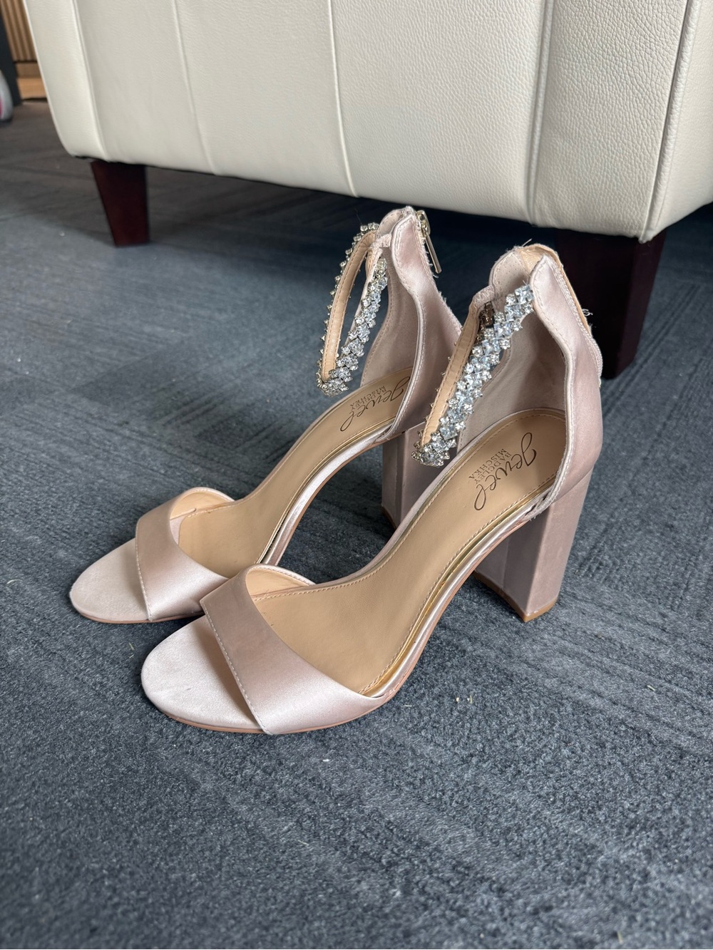 Jewel Badgley Mischka Blush Satin Block Heel Sandals with Crystal Ankle Strap
